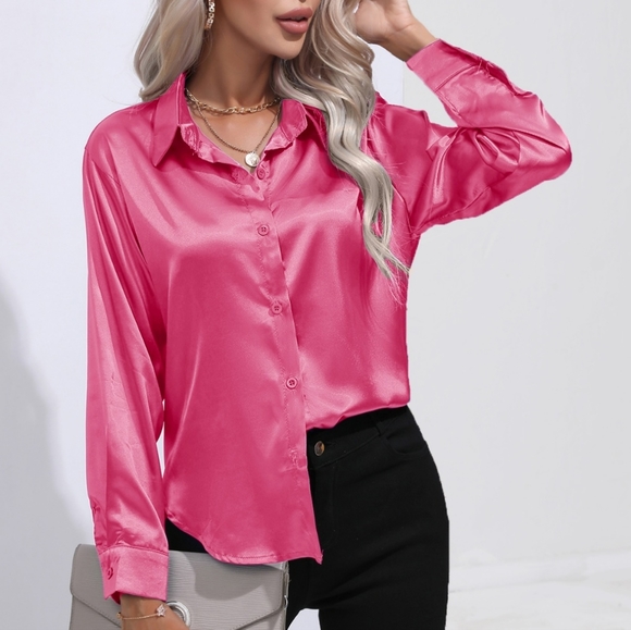 Satin Serenity Button-Up Shirt - Hot Pink - Picture 3 of 3